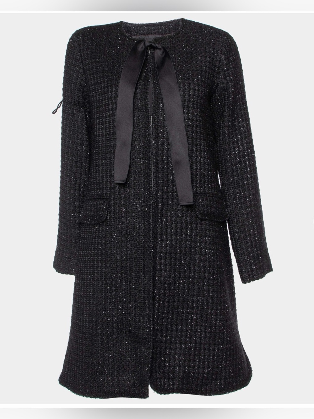 Carolina Herrera Black Tweed Long Coat with Satin Ribbon